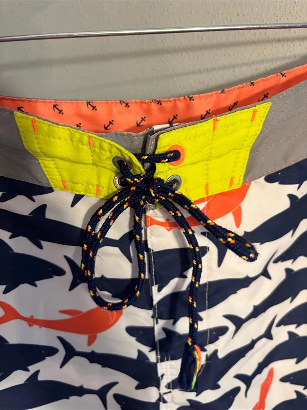 Sperry Men's Shark-Print Swim Trunks - Navy & Orange, size 34
